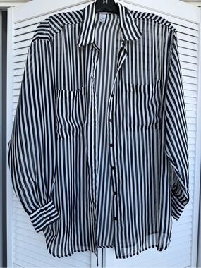 Chiffon Black and White Vertical Stripe Button-Up Shirt